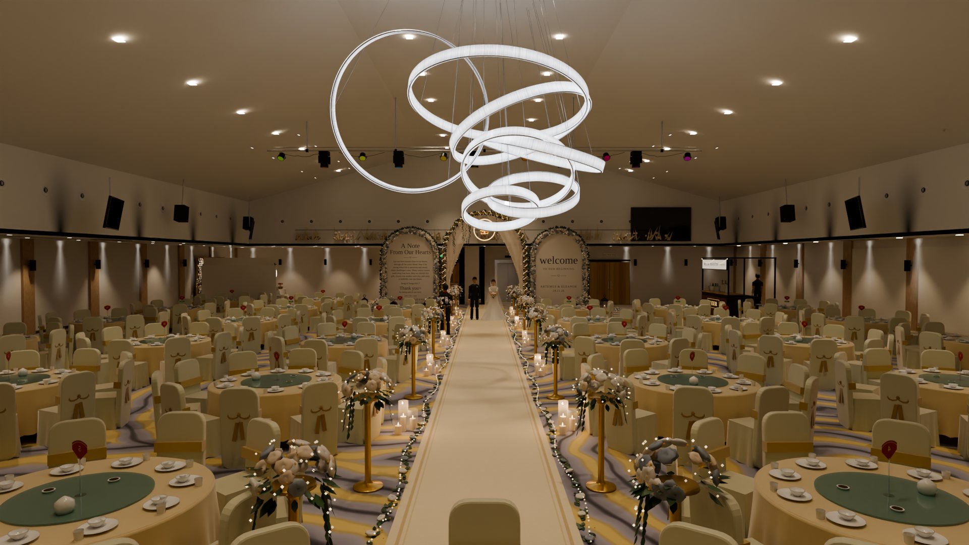 The reception hall: round tables, the aisle and the floral arches